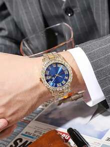 奢华闪亮首饰套装，包含手表、手链、项链和耳环，嘻哈风格，金色钢表带模拟手表，带日历功能，嵌入式设计，适合日常、派对和宴会佩戴，不可充电电池，生日礼物、新年礼物、母亲节礼物，不含礼盒。 - 藍色 - 查看 4