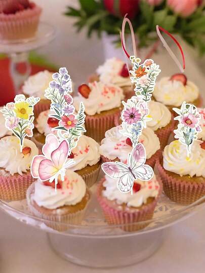 8/16/32件装花卉主题生日纸杯蛋糕装饰，野花主题派对装饰，色彩缤纷的野花和蝴蝶纸杯蛋糕装饰插牌，盛开的花朵纸杯蛋糕装饰，适合花卉主题派对、生日派对、性别揭晓派对