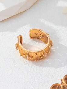 1pc Hollow Luxury Fashion Open Ring, Copper Alloy Inlaid Artificial Zirconia Vintage Ring, Suitable For Women's Daily Wear, Party, Outing - Cross Flower Ring - View 3