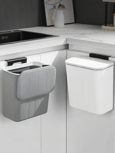 Wall-Mounted Trash Can 2-In-1 , Quiet Close Rectangular Plastic Wastebasket, Space-Saving Design For Bathroom, Kitchen, And Office Use, Easy Installation, No Electricity Required