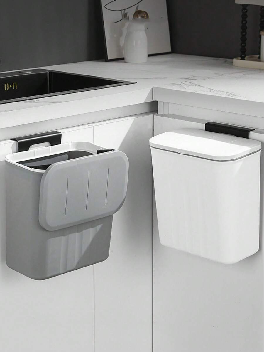 Wall-Mounted Trash Can 2-In-1 , Quiet Close Rectangular Plastic Wastebasket, Space-Saving Design For Bathroom, Kitchen, And Office Use, Easy Installation, No Electricity Required - Multicolor - View 1