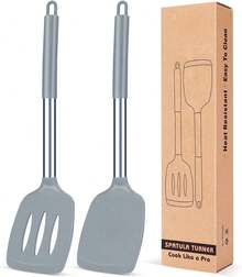 Pack Of 2 Silicone Solid Turner, Non Stick Slotted Kitchen Spatulas, High Heat Resistant Cooking Utensils, Ideal Cookware For Fish, Eggs, Pancakes - Gray - View 1