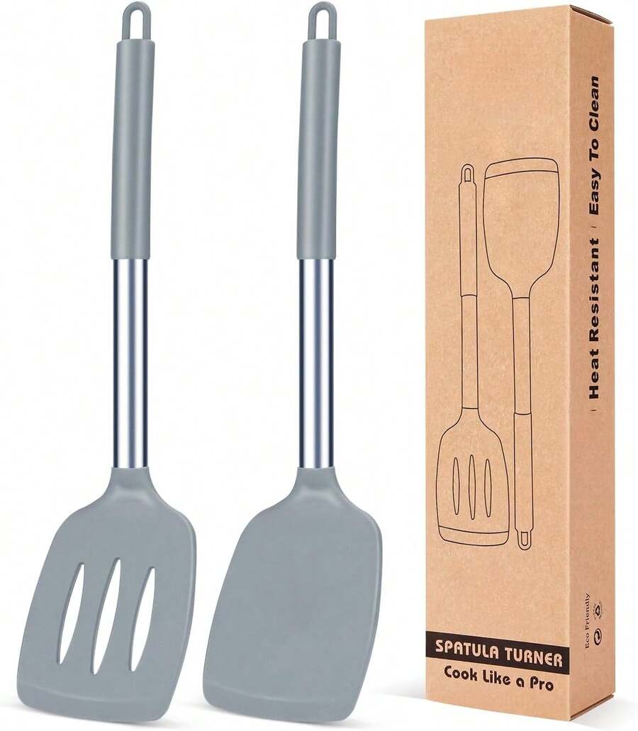 Pack Of 2 Silicone Solid Turner, Non Stick Slotted Kitchen Spatulas, High Heat Resistant Cooking Utensils, Ideal Cookware For Fish, Eggs, Pancakes - Gray - View 1
