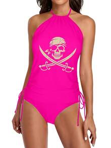 Women'S Tankini Swimwear Featuring A Pirate Skull And Crossbones Design, Perfect For Halloween And Rave Parties. This Elegant Bathing Suit Is Ideal For Beach Outings, Pool Gatherings, And Water, Showcasing A Cute Style, Durable Fabric - 玫瑰紅 - 查看 7