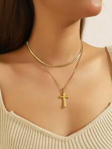 1pc Minimalist Fashionable Gold Cross Pendant Necklace, Stainless Steel Material, Unisex Casual Street Style - Gold - View 2