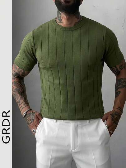 GRDR Áo len nam tay ngắn dệt kim gân sọc mùa hè, kiểu dáng thể thao năng động, phù hợp cho các hoạt động ngoài trời, món đồ thời trang mùa hè.