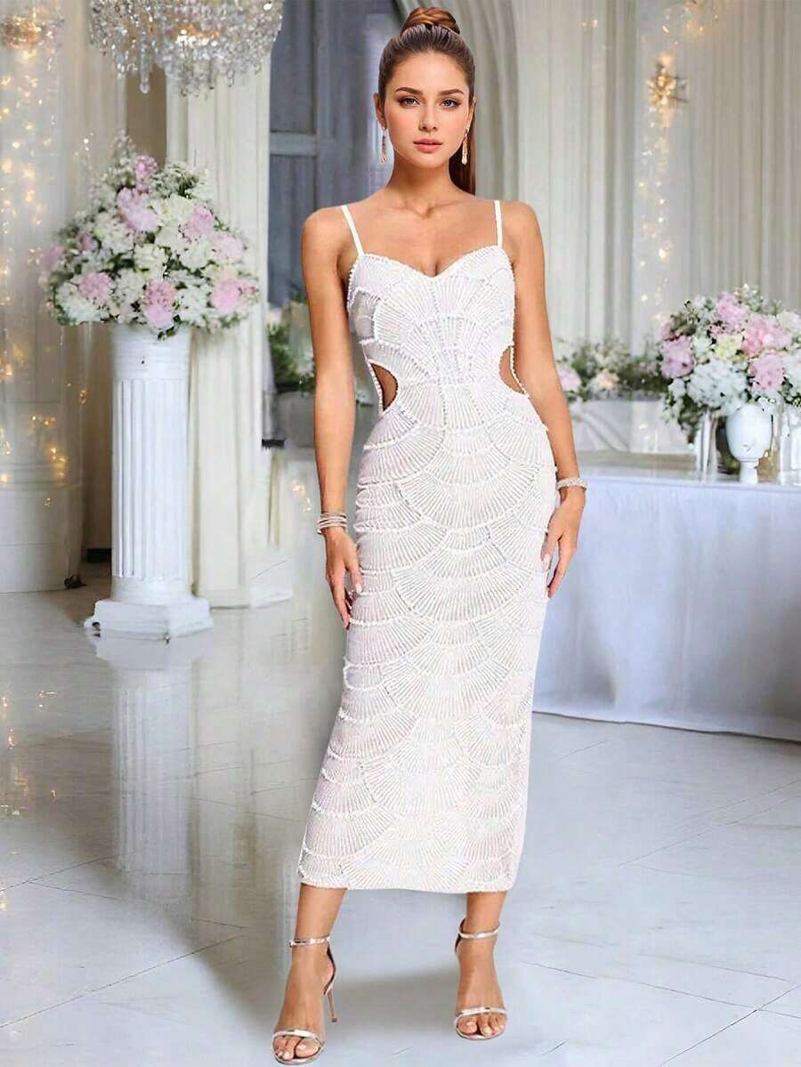 [Hot New Arrivals Spring/Summer 2026] Solid Color Spaghetti Straps Pearl Sequins Decoration Hollow Slit Elegant Slim Long Dresses Women Exquisite Ceremony Big Size Wedding Prom Party Spring - trắng - Xem 1