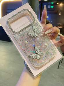 Pearl 3D Pearl Butterfly Apple 16 ProMax Phone Case, Elegant Lady Style 15 Pro High-End Rhinestone Mirror Frame 14 Plus Transparent Epoxy Women - White - View 10