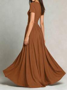 Women's Long Dress Spring/Summer, Waist Tie Dress, Draping Slimming Vintage Elegant Versatile Long Dress - 棕色 - 查看 5