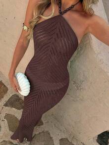 Mori 2026春夏新款薄荷蓝镂空针织长裙，采用透气镂空针织面料，露背设计，修身剪裁，适合海滩、派对、约会等各种场合，尽显浪漫魅力。春夏女装，度假装，海滩休闲，浪漫约会，派对礼服，轻盈针织长裙 - 淺咖啡 - 查看 4