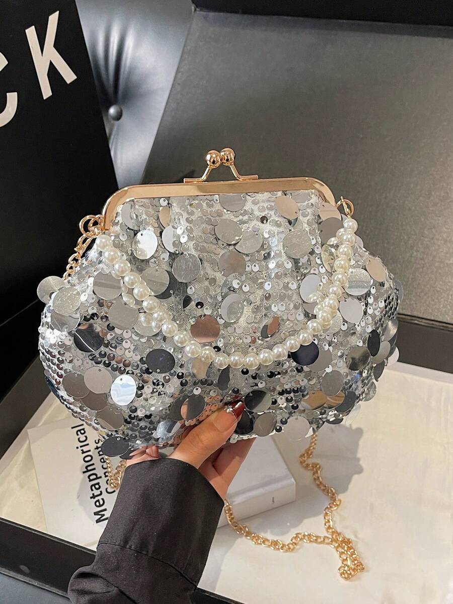 晚宴包、女士包、时尚明星手提包、托特包、单肩斜挎包、纯色链条包、仿珍珠手提包、亮片包 - 銀色 - 查看 1