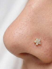 1pc 925 Sterling Silver Cubic Zirconia Flower Shaped Nose Ring/Stud Jewelry - Gold - View 1