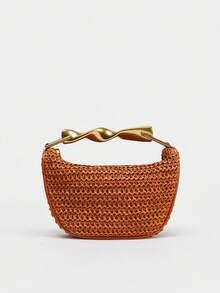 Bolso de hombro mini con cremallera y asa de metal, correa de hombro ajustable, tejido para la playa - Naranja - Ver 5