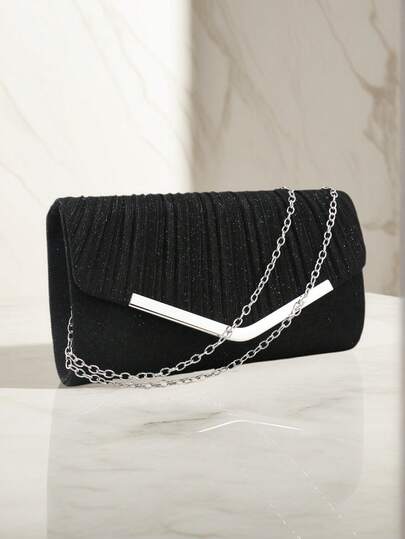 情人节礼物 爱意满满的节日约会银色手拿包 V 字形金属链条闪亮亮片晚宴包，带信封设计，适合派对、婚礼、休闲场合，女士手提包，宴会晚宴钱包