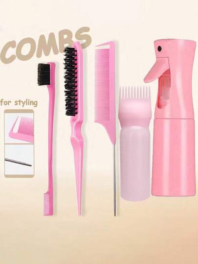 5-Piece Girls' Fashionable Hair Dyeing And Hairdressing Comb Set, Hair Care Brush Combination And Continuous Spray Bottle (6.8 Oz/200 Ml) And Side Brush Mouse Tail Comb Styling Brush Set, Suitable For Smooth Hair, Styling, Cleaning, Hair Salon, Home Travel Holiday Supplies, Women's Hair Accessories
