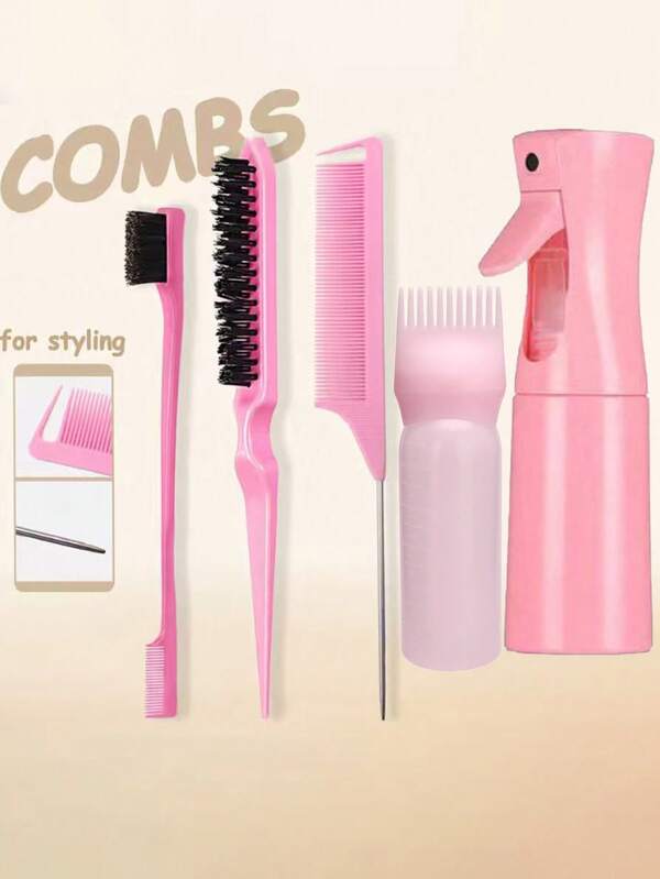 5-Piece Girls' Fashionable Hair Dyeing And Hairdressing Comb Set, Hair Care Brush Combination And Continuous Spray Bottle (6.8 Oz/200 Ml) And Side Brush Mouse Tail Comb Styling Brush Set, Suitable For Smooth Hair, Styling, Cleaning, Hair Salon, Home Travel Holiday Supplies, Women's Hair Accessories, Headpiece