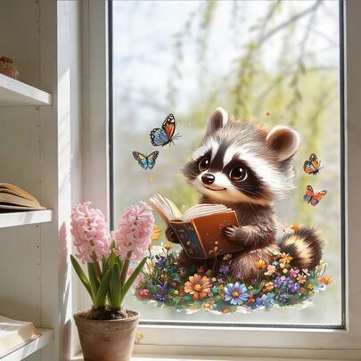 1/4片装可爱动物静电窗贴 - 熊猫、浣熊、刺猬、狐狸，可撕贴可移除玻璃贴纸，适用于儿童卧室、厨房等美观装饰