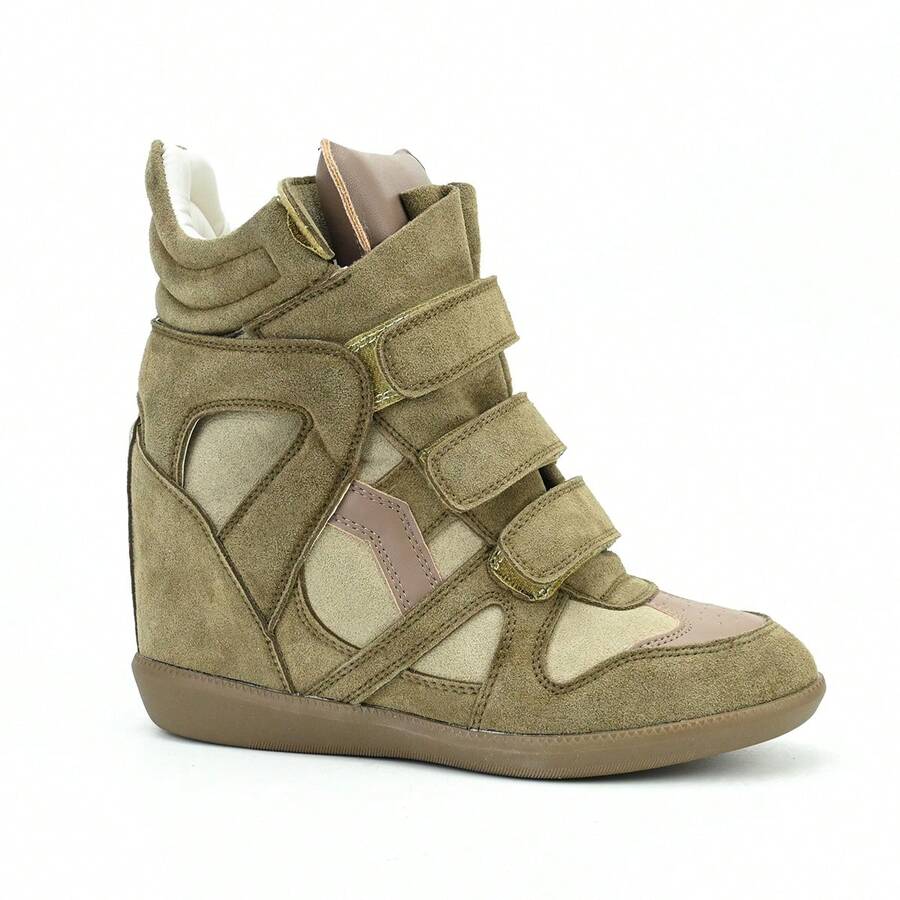 Hidden Wedge Sneakers For Women High Top Fashion Sneaker Suede High Heel Platform Tennis Triple Strappy Band Casual Vintage Dressy Comfy Campus  Retro Sneaker - 黃粉 - 查看 1