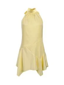 ii Robe mini élégante d'été pour femmes, col ras-du-cou, ourlet à volants, couleur unie, à la mode, pour soirée et vacances - Jaune citron - Voir 5