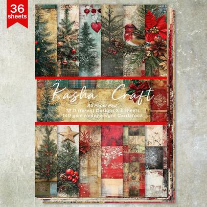 36 Sheets A5 Vintage Christmas Plaid Christmas Tree Background Scrapbooking Paper, Suitable For Bullet Journal, Scrapbook, Card Making And Crafts