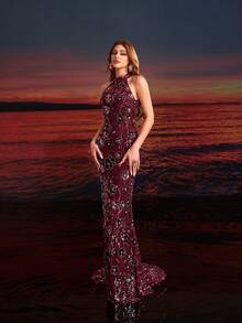 Đầm dạ hội maxi không tay màu đỏ tía thanh lịch dành cho nữ, đính cườm và họa tiết hoa. - Màu Đỏ Sâu - Xem 3