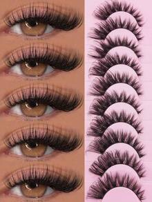 10 Pairs Cat-Eye False Eyelashes, Fluffy Layered Wispy Lashes With Realistic Mink Effect, Natural-Looking Extended Strip Lashes For Makeup, Parties, Festivals, Weddings, Halloween & Daily Glam - 黑色 - 查看 4