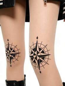 1双航海罗盘图案连裤袜，性感酷炫黑色丝袜，创意膝盖图案黑色连裤袜，夏季防勾丝薄款丝袜 - 彩色 - 查看 6