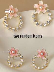 1对时尚水钻珍珠花朵耳环，粉色油滴樱花设计 - 粉色 - 查看 6