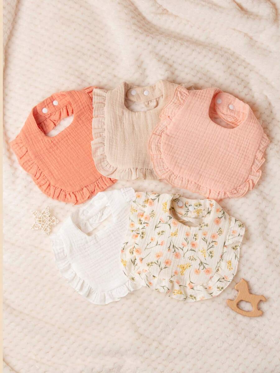 5pcs Baby Bibs, 100% Cotton Material, Ruffle Floral U-Shaped Burp Cloths, Soft & Breathable, Suitable For Newborns, Solid Color, Spring/Summer Baby Gift - Multicolor - View 1