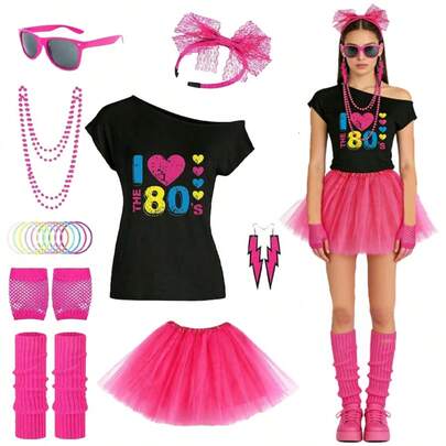 Set de ținute pentru femei din anii '80, include tricou, bentiță, cercei fulger, colier, brățară, mănuși plasă, fustă tutu, creează un costum retro pentru petrecere cu tematică anii '80, costum de Halloween, festival de muzică, carnaval, sărbătoare, decorațiune pentru petrecere de ziua de naștere
