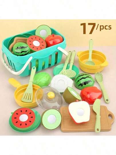 UINLE Baby 17pcs Kids Kitchen Playset, Educational Interactive Toys, Cutting Play Food, Food & Fruit Toys, Realistic Food & Tableware Toys, Pretend Play Kitchen Accessories, Gifts For Boys And Girls