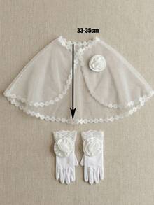2pcs/Set Girls' White Floral Shawl + White Floral Satin Gloves, 2-Piece White Princess Style Shawl, Wedding Photography Prop, Wedding Decoration, Party Photo Booth Prop, Wedding Supplies - 2PCS - View 12
