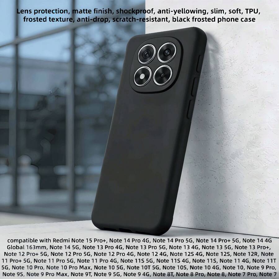 黑色手機殼,兼容 Redmi Note 系列,鏡頭保護、防震防刮,防止日常碰撞,保護手機後蓋與邊框,TPU 材質,輕薄柔軟,磨砂質感 - 黑色 - 查看 1