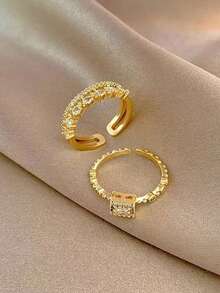 2pcs Micro-Set Square Diamond Stackable Rings – Minimalist Geometric Open Adjustable Rings, Statement Summer Holiday Jewellery, Elegant Sparkling Layered Finger Rings For Women - Yellow Gold - View 2