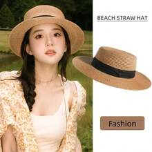1 chiếc mũ rơm kiểu Pháp vành rộng, mũ che nắng đi biển, mũ mùa hè thoáng khí dành cho nữ. - nhiều màu - Xem 1