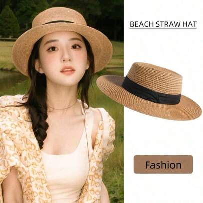 1 chiếc mũ rơm kiểu Pháp vành rộng, mũ che nắng đi biển, mũ mùa hè thoáng khí dành cho nữ.
