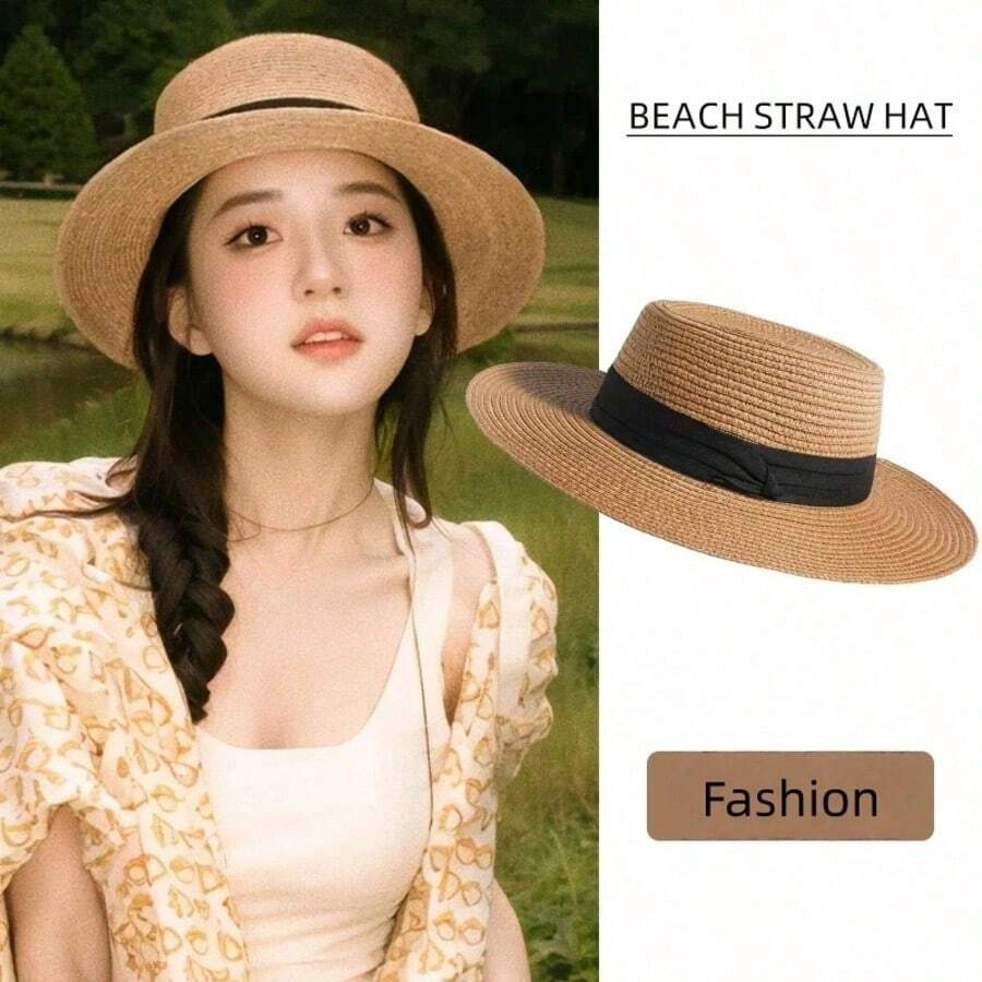 1 chiếc mũ rơm kiểu Pháp vành rộng, mũ che nắng đi biển, mũ mùa hè thoáng khí dành cho nữ. - nhiều màu - Xem 1