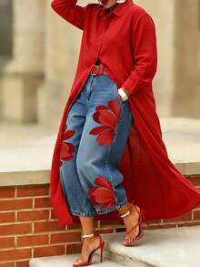 Women's Red Floral Print Cropped Jeans, Casual High-Waisted Wide-Leg Denim Jeans, Suitable For Spring, Summer And Autumn. - Blue - View 4