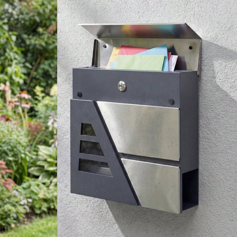Buzón de pared resistente a la intemperie con soporte para periódicos y 2 llaves para paredes exteriores, color gris oscuro. - Gris Oscuro - Ver 1