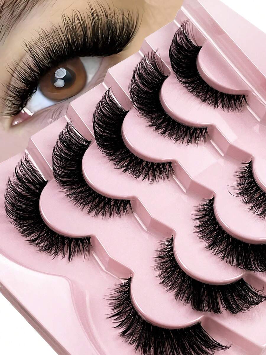 5 Pairs DD Curl Fluffy Russian Mink False Eyelashes, 3D Voluminous Dense Cat Eye Faux Lashes, Messy Mink Lashes, Long Fox Eye Lifting Lash Set, Full Root Extended Volumizing Outer Corner Makeup - Black - View 1