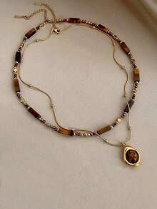 1 Piece/Set Vintage Elegant Multi-Layer Tiger Eye Pendant Necklace, Women's Double-Layer Collarbone Chain Jewelry Set, Fashion Jewelry, Best Friend Gift - 多色 2 - 查看 9