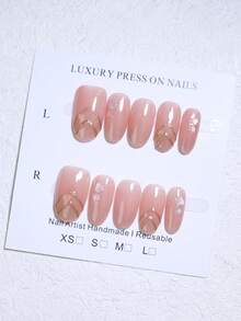 10pcs Oval Short Handmade Nude Pink Reusable Nail Tips With Gold Geometric Pattern And Shell Fragments, Minimalist Nail Salon Quality Nail Art Suitable For Women And Girls Daily Wear - Pink - View 10