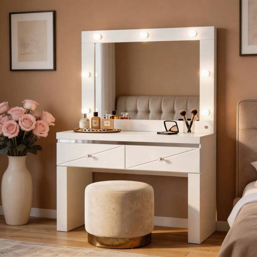 Modern Style Vanity Table With Mirror And Lights For Daily Makeup – Dressing Table - White - View 1