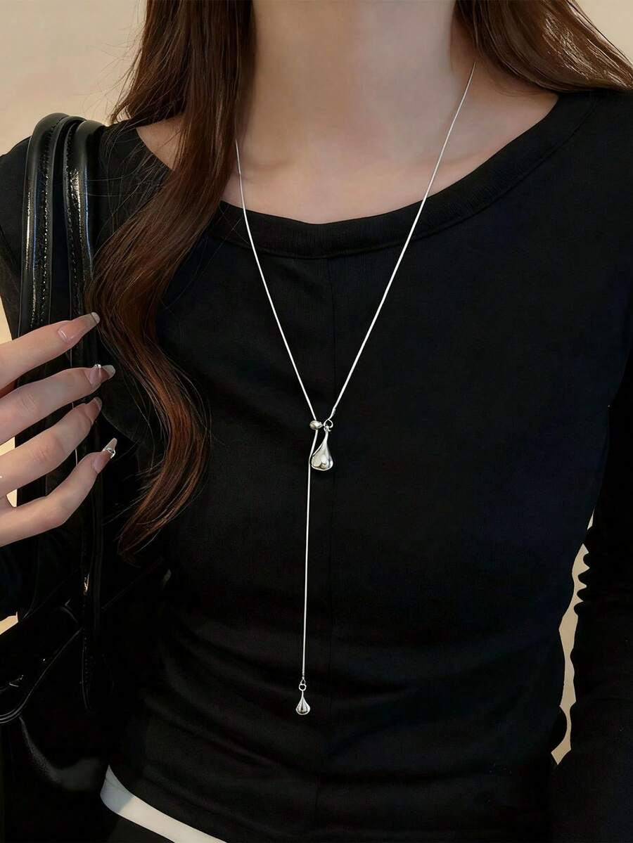 Korean Minimalist Adjustable Silver Water Drop Tassel Necklace, Versatile Elegant Layered Titanium Steel Choker Necklace Accessory For Women - Silver - View 1