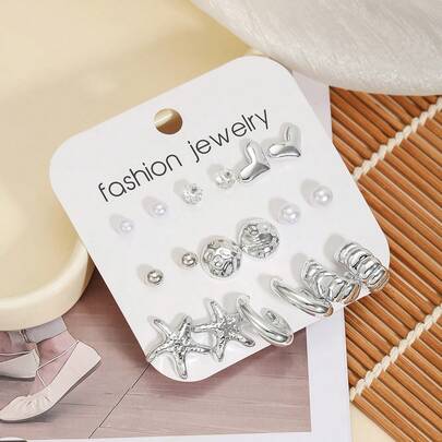 9 Pairs Beach Vacation CCB Faux Pearl Heart & Starfish Stud Earrings Set, Suitable For Girls Daily Outfits, Best Gift Choice For Friends