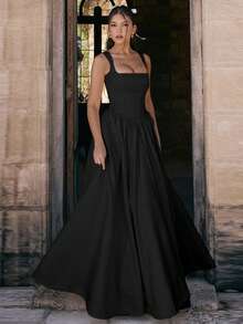 Women's Fashion: Elegant & Chic Slim-Fit Solid-Color A-Line Maxi Dress - 黑色 - 查看 6