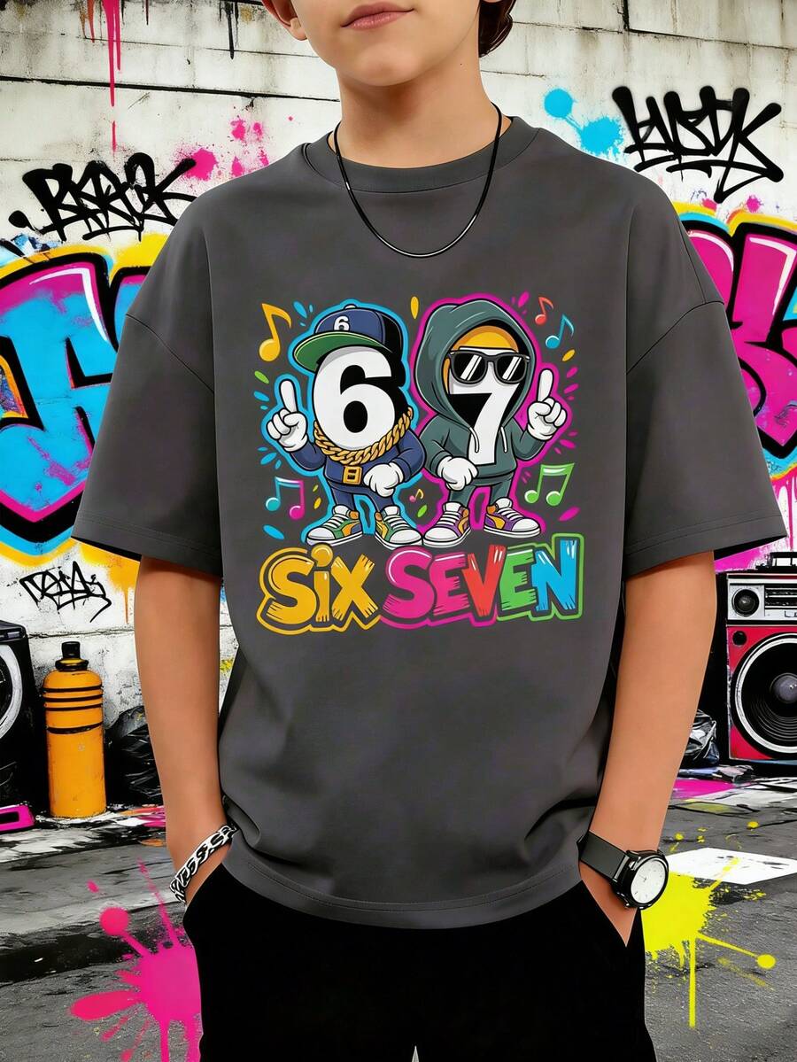1pc Funny 67 Music Hip Hop Print Short Sleeve T-Shirt, Tween Boys Student Summer Top For Playtime - Dark Grey - View 1