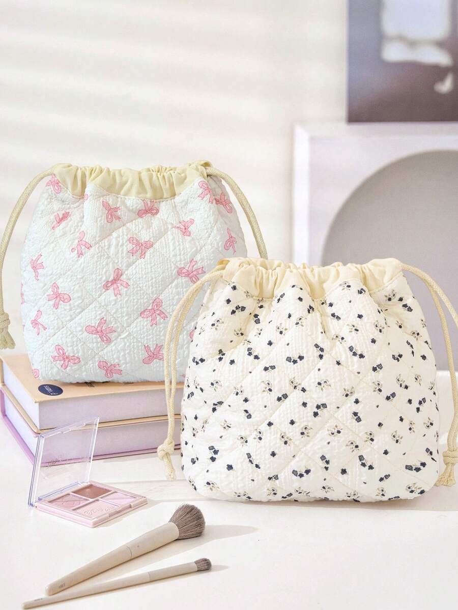 1 Piece Pink Bow Pattern Drawstring Cosmetics Pouch Foam Quilted Makeup Bag Stylish Skincare Storage Bag Retro Floral Print Drawstring Makeup Pouch Large Capacity Makeup Brushes Organizer Bag Lovely Cherry Print Tissue Paper Organizer Bag Girls'Accessories Storage Bag Drawstring Travel Toiletry Bag Dust Proof Storage Bag Portable Drawstring Closure Pouch Stationery Jewelry Organizer Bag Travel Pouch,Sundries Storage Bag Back To School Essencial