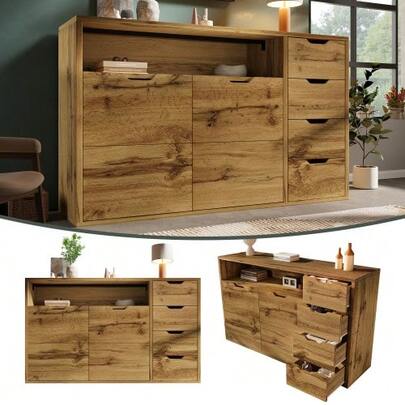 Kommode Sideboard 150x40x90cm In Eicheoptik Mit Offenem Fach, 2 Türen, 4 Schubladen, Höhenverstellbaren Einlegeböden, Softclose‑Metallscharniere Und Kippsicherung, Aufbewahrung Für Wohnraum & Flur