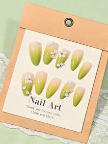24Pcs Green Gradient Press On Nails With 3D White Flower, Short Almond Fake Nails For Women, Reusable False Nails With Glue For Daily Wear - Multicolor - View 5